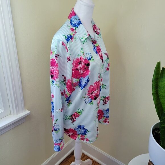 Chico’s Striped Floral Print Blouse Roll Tab Sleeve Pink Blue Women’s Size L - Picture 7 of 13